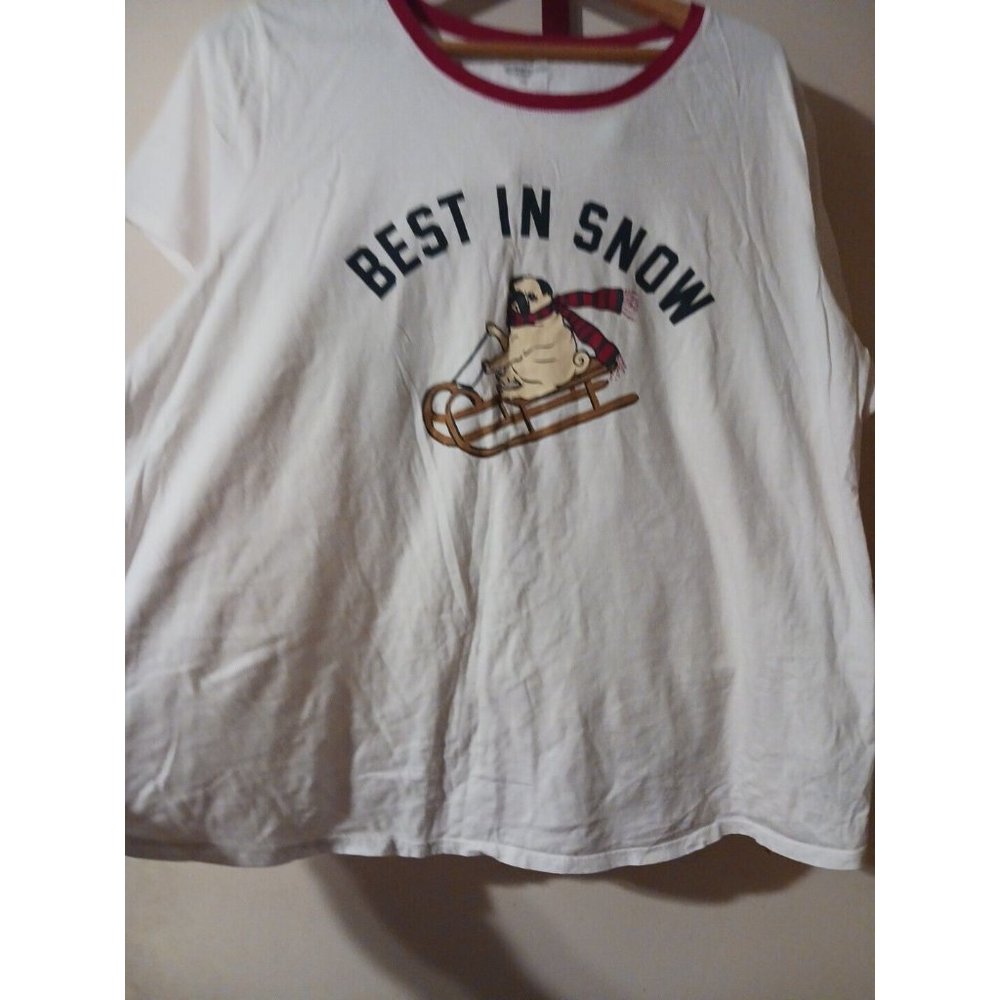 Old Navy Women’s 2X T-Shirt White Best in Snow Christmas Dog Pug Sledding